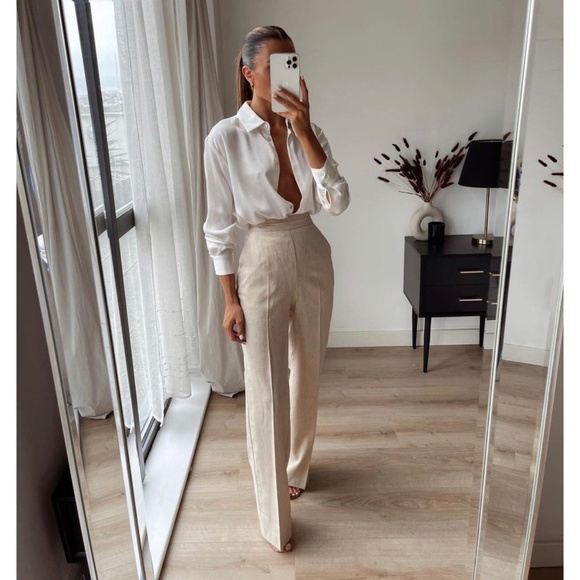 Zara Linen Look Rustic Wide Leg Pant XS NWT - Picture 2 of 9